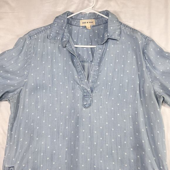Anthropologie Cloth & Stone Dress Size L Blue Dots MaryLou Chambray Shirtdress - Picture 2 of 11
